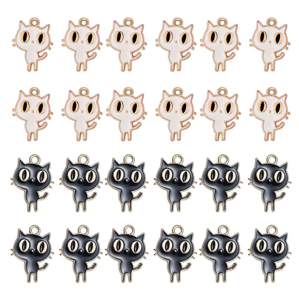 2970 100 Pieces Gold Tone Halloween Cat Charms Black White Cat Pendant